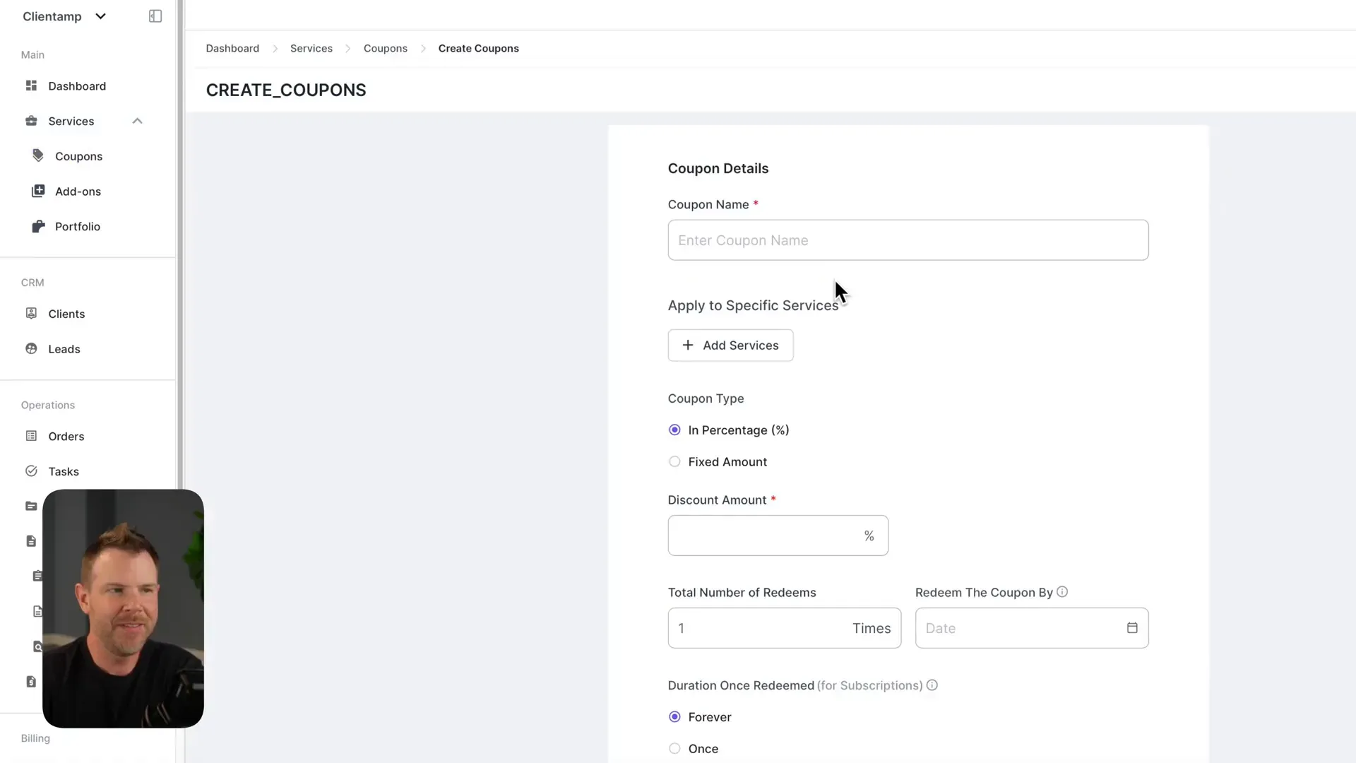 Coupon creation interface in Agency Handy