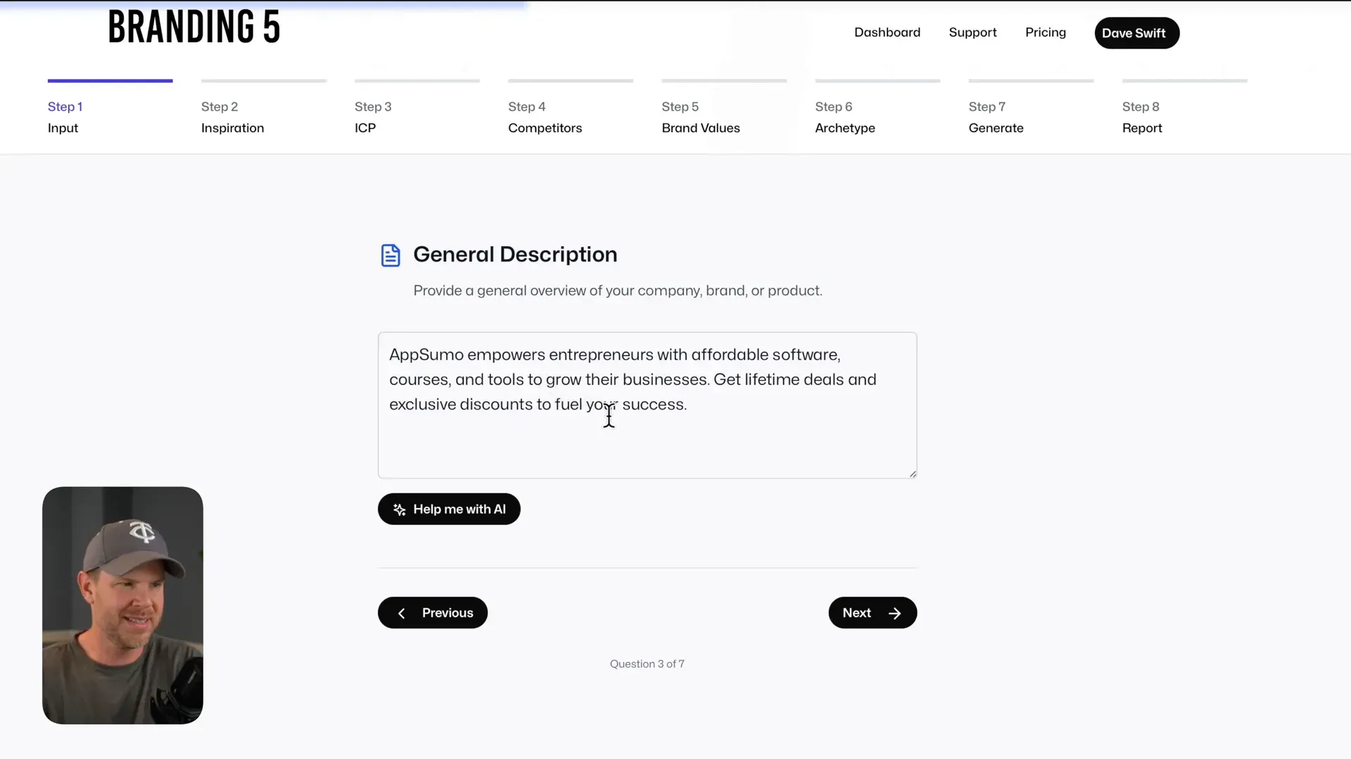 Branding 5 AI refining brand description for AppSumo