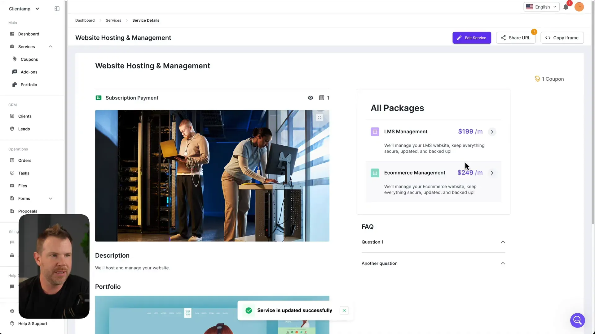 Customer-facing service purchase page with intake form