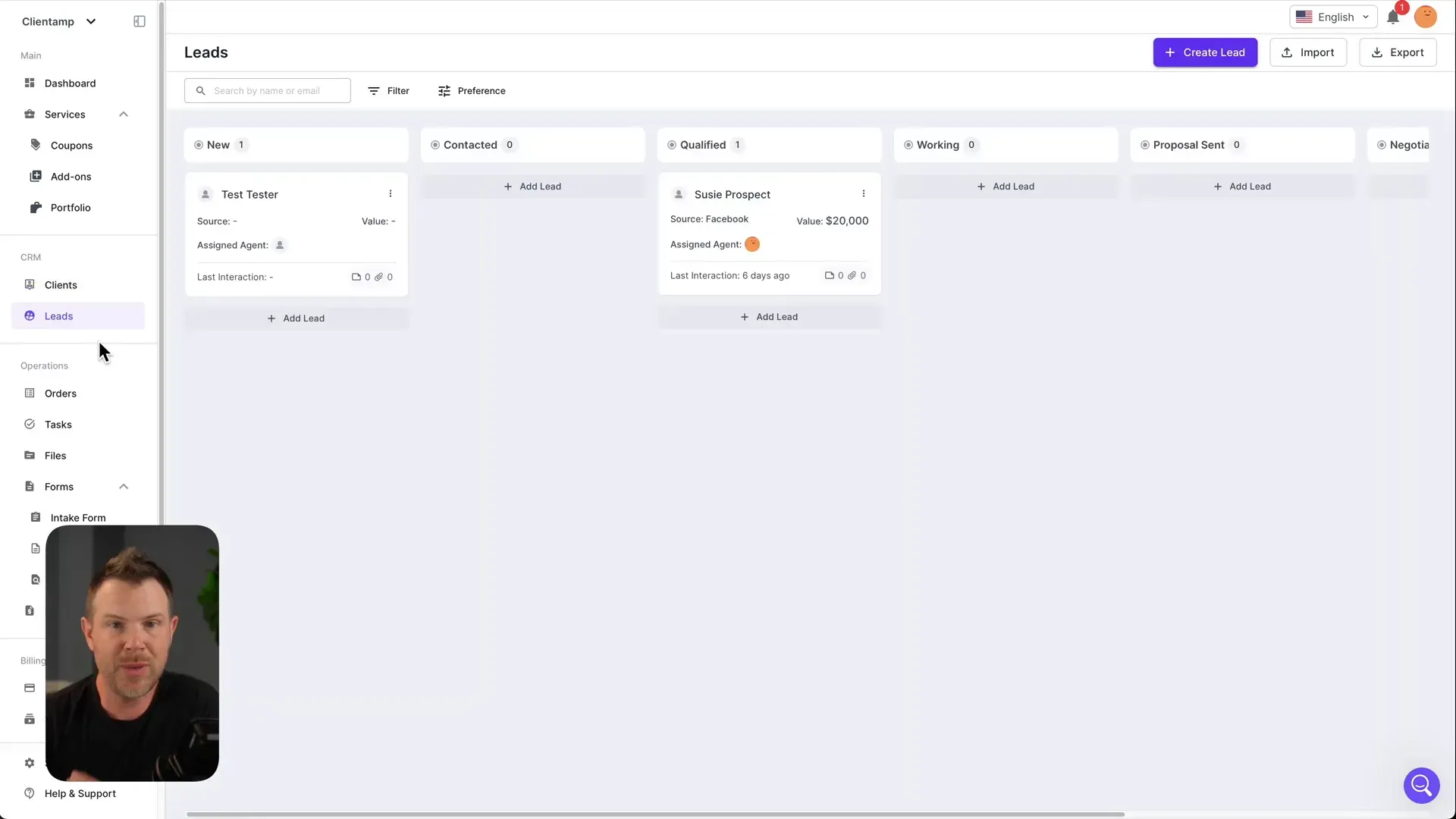 CRM with leads Kanban and client directory