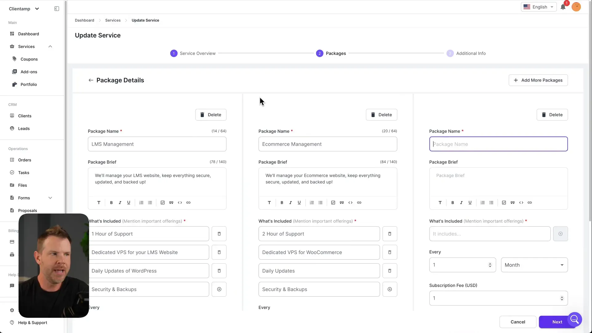 Pricing package setup and billing options
