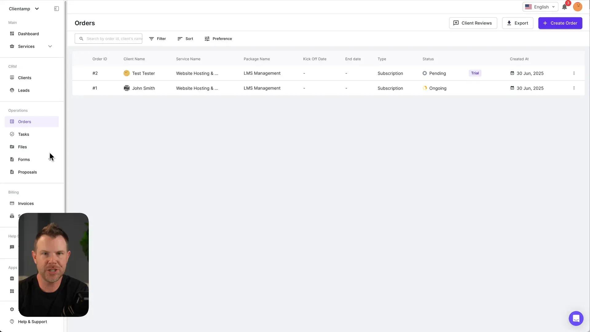 Operations dashboard showing orders and tasks